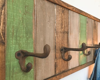 Wood Coat Rack with Cast Iron Hooks | Farmhouse Entryway Organizer
