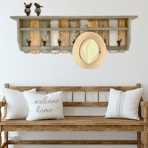 Handmade Rustic Wood Shelf with Cast Iron Hooks – Entryway Organizer