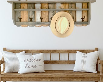 Handmade Rustic Wood Shelf with Cast Iron Hooks – Entryway Organizer
