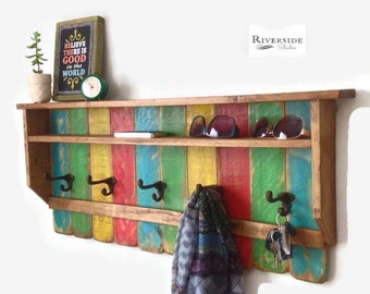 Reclaimed Wood Entryway Organizer with Cast Iron Hooks