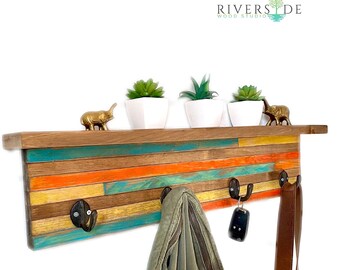 Handmade Wood Coat Rack with Shelf, Colorful Cast Iron Hooks – Rustic Entryway Organizer