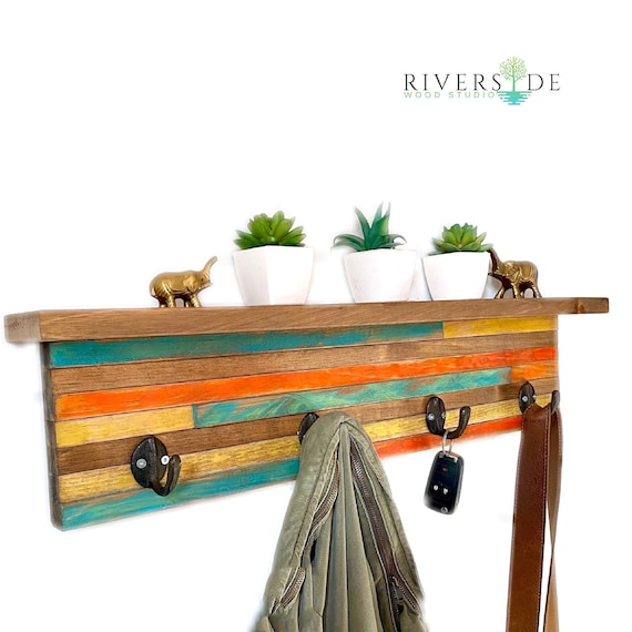 Wall Mounted Wood Coat Rack With Shelf Large Colorful Coat Hooks Rustic Coat Rack Wall Mounted Towel Hook Rack Cast Iron Wall Hooks Etsy