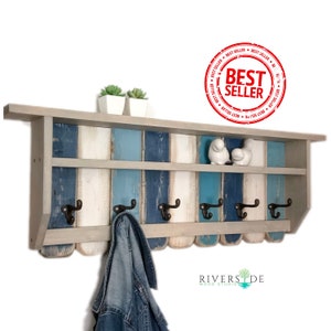 Rustic Farmhouse Wall Shelf with Hooks - Handmade Reclaimed Wood Entryway Organizer - Distressed Nautical Coastal Blue White Gray Coat Rack