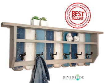 Wood Entryway Shelf with Cast Iron Hooks – Coastal Farmhouse Organizer