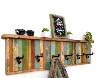 Wall Mount Coat Rack with Cast Iron Hooks / Wood Coat Rack / Bathroom Shelves / Colorful Wood Coat Rack / Large Boho Wall Hooks / Good Vibes