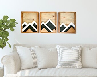 Reclaimed Wood Wall Art 3pcs, Mountain Art, Boho Art Decor, mosaic wall art, modern wood art, large wall art, farmhouse decor, hygge decor