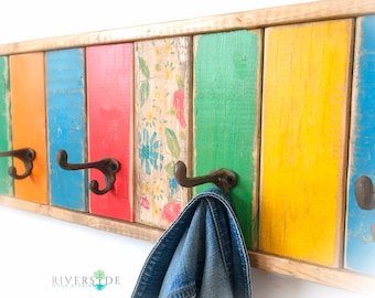 Hand-Painted Colorful Wood Coat Rack with Floral Accents – Rustic Wall Hooks Organizer for Entryway, Mudroom & Hallway - Rainbow Decor