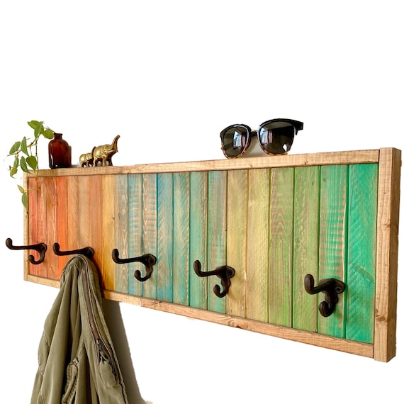 Wall Mount Coat Rack With Cast Iron Hooks Wood Coat Rack Rainbow Wall Hooks Colorful Wood Coat Rack Large Boho Wall Art Good Vibe Etsy