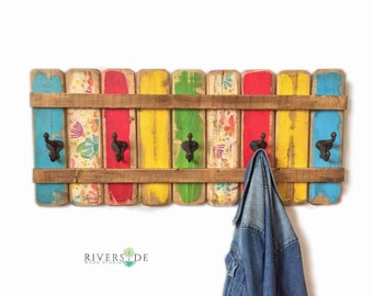 Colorful Rustic Wall Hook Rack – Handmade Reclaimed Wood Coat Rack with Vintage Floral Accents – Entryway Organizer with good Vibes