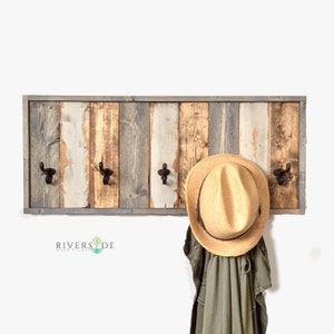 Large Rustic Wood Coat Rack with Cast Iron Hooks