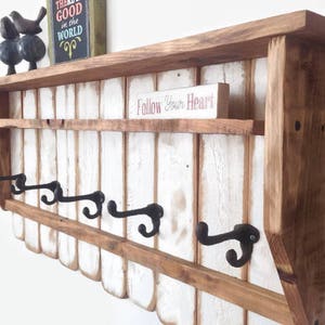 Large White Wood Coat Rack with Shelf, Entryway Organizer, Wood Towel Rack, Wall Mounted Coat Rack with Cubby, Rustic Wood Shelf, Iron Hooks