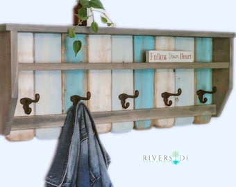 Coastal Reclaimed Wood Entryway Shelf with Cast Iron Hooks