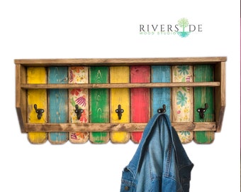 Colorful Wood Coat Rack with Shelf, Rustic Entryway Organizer