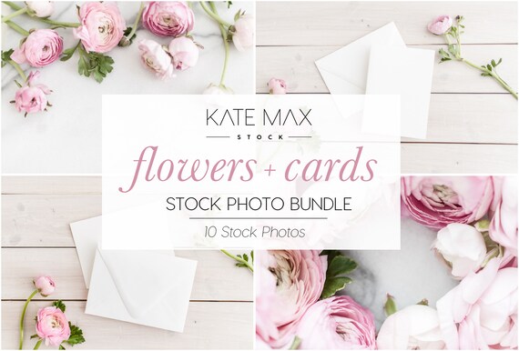 Pink Flowers Card Mockups Stock Photo Bundle