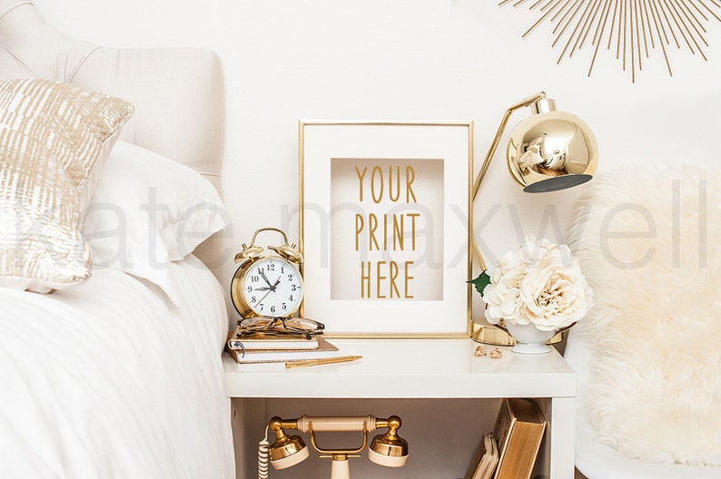 White Nightstand With Gold Frame Alarm Clock & Garden Roses Etsy