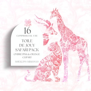 以下が含まれることがあります： ピンクとオレンジのグラデーションのトワルドジュイの16枚の動物のクリップアート画像セット。画像には、キリン、トラ、オリックスが含まれています。画像には、「16 Commercial Use Toile de Jouy Safari Pack Ombre Pink & Orange Clipart Mockups Mimosa」というテキストがあります。