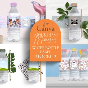 CANVA Water Bottle LABEL Mockup.Full Wrap label. Party Favor Mockup. 8 x 2inch sticker mockup. Add your own background.