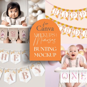 Maquete de CANVA PARTY BUNTING. Maquete de guirlanda de papel. Faixa de cadeira alta. Adicione seu próprio design e fundos. Maquete de celebração.