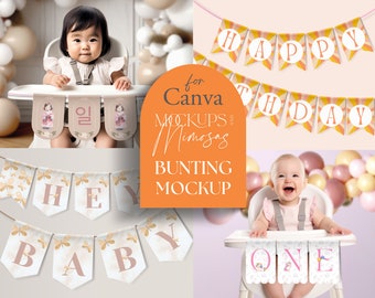 CANVA PARTY BUNTING Mockup. Paper Garland Mockup. Highchair Banner. Add your own design and backgrounds. Celebration Mockup.