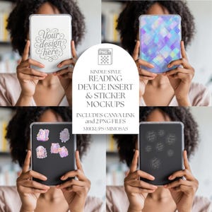May include: A mockup image showcasing Kindle-style reading device inserts and sticker designs. The image features four different device mockups, including a white cover with the text "Your design here," and a black cover with stickers. The text "Kindle Style Reading Device Insert & Sticker Mockups" is also visible.
