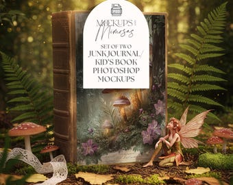 May include: A mock-up of a vintage book with a fantasy forest scene. The book is surrounded by mushrooms, ferns, and a fairy figurine. The text on the book reads "Mockups & Mimosas" and "Set of Two Junk Journal/ Kid's Book Photoshop Mockups". The book is 8.5 x 11 inches.