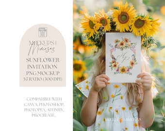 Sunflower Girl Invitation Mockup. 5x7 inch Card. Whimsical sunny party Invitation Mockup. Hands holding card. Transparent PNG overlay.