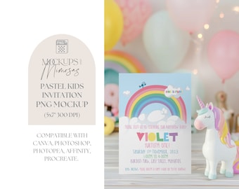Kids Pastel Unicorn Invitation Mockup. 5x7 inch Card. Whimsical Mockup. PNG overlay.