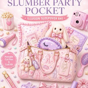 May include: A pink illustration featuring a slumber party theme. The image includes a handbag, a bunny, a camera, a pillow, a sleep mask, and other accessories. Text includes "Slumber Party Pocket" and "Girls Night In!"