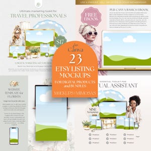 May include: A set of 23 Etsy listing mockups for Canva, featuring a variety of digital product and bundle displays. The mockups include a laptop, phone, and tablet, all with a green and blue landscape background. The text "23 Etsy Listing Mockups" is displayed in a large, bold font.
