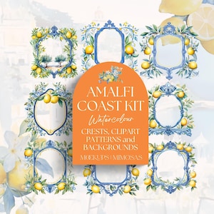 Clipart Eleganza Costiera Amalfitana: Collezione di clipart, paesaggi e motivi ad acquerello a tema mediterraneo e limone. Blu e giallo.