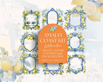 Peut inclure: Ensemble d'illustrations aquarelle inspirées de la côte amalfitaine, comprenant des armoiries, des images clipart, des motifs et des arrière-plans. L'ensemble comprend des citrons, des fleurs de mimosa et des cadres bleus et blancs.