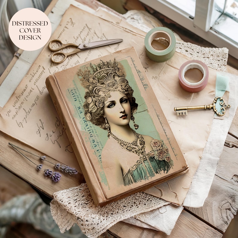 May include: A distressed, vintage-style book cover with a faded image of a woman wearing a crown and jewelry. The cover has a worn, aged look and is decorated with a floral design.