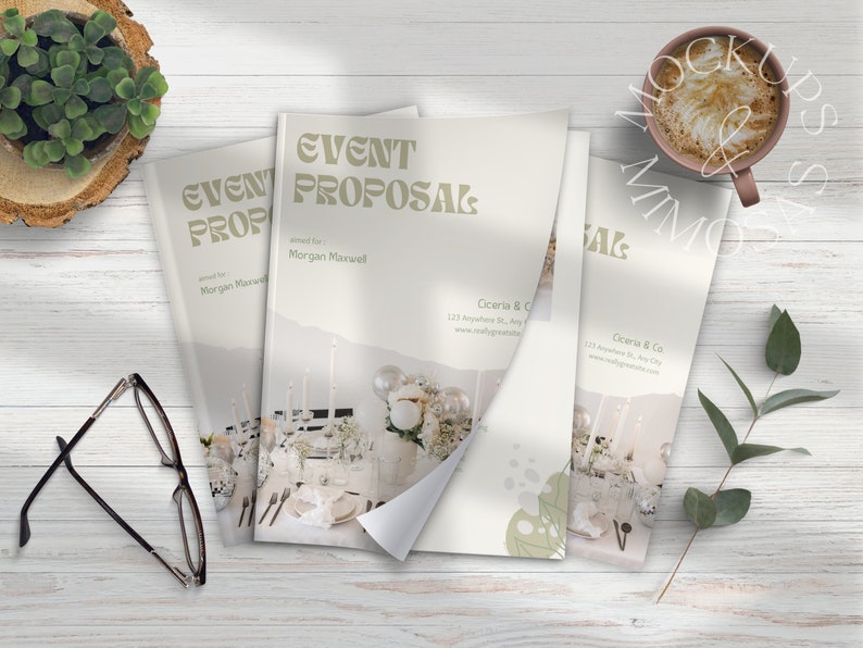 May include: Three event proposal brochures with a white background and a beige and brown color scheme. The text on the front of the brochures reads "EVENT PROPOSAL" and includes the name "Morgan Maxwell".