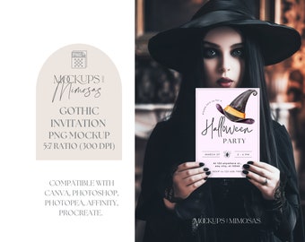 Spooky Witch Invitation Mockup. 5x7 inch Card.  Halloween Party Sign stationery Mockup. Transparent PNG overlay.