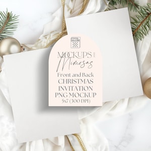 Mockup voor DUBBELE kerstuitnodiging. Kaart van 5 x 7 inch voor-/achterkant. Neutraal wit en goud kerst plat. Transparant png-voorbeeld.