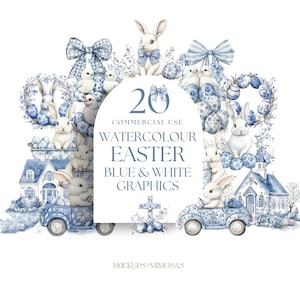Clipart clásico de PASCUA en azul y blanco. Acuarela primaveral atemporal. Conejitos, pollitos, huevos, flores y más PNG de uso comercial.