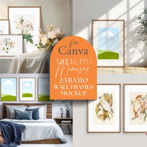 May include: Mockup of wall frames in a bedroom setting. The frames are in a 2:3 ratio and are arranged in different configurations. The frames are empty, allowing for the display of artwork or photographs. The frames are made of wood and have a natural finish.