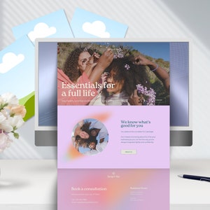 Peut inclure: Un &eacute;cran d'ordinateur affichant un site Web pour une entreprise de sant&eacute; et de bien-&ecirc;tre appel&eacute;e "Spring of Sky". Le site Web pr&eacute;sente une photo de trois femmes souriantes portant des fleurs dans les cheveux. Le texte sur le site Web indique "Essentials for a full life" et "We know what's good for you".