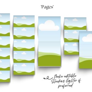 Peut inclure: Un ensemble de pages imprimables repr&eacute;sentant une colline verte, un ciel bleu et des nuages blancs. Le texte 'Pages' est en haut de l'image. Le texte 'Make editable. Shadows lighter if preferred' est en bas de l'image.