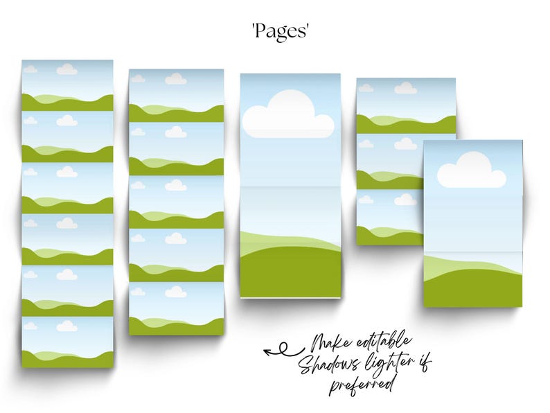 Peut inclure: Un ensemble de pages imprimables repr&eacute;sentant une colline verte, un ciel bleu et des nuages blancs. Le texte 'Pages' est en haut de l'image. Le texte 'Make editable. Shadows lighter if preferred' est en bas de l'image.