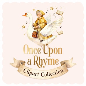 May include: A whimsical watercolour illustration of a woman riding a white goose, with musical notes and stars. The image includes the text "Once Upon a Rhyme Clipart Collection" on a banner, ideal for digital art projects.