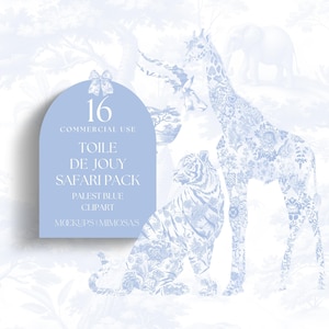 Safaridieren Toile De Jouy clipart. Lichtpastelblauwe aquarel Afrikaanse / jungle elegante clipart. Commercieel gebruik van png-bestanden.