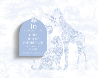 Safari Animals Toile De Jouy clipart. Light pastel blue Watercolour African / Jungle elegant clipart. Commercial Use PNG&#39;s.
