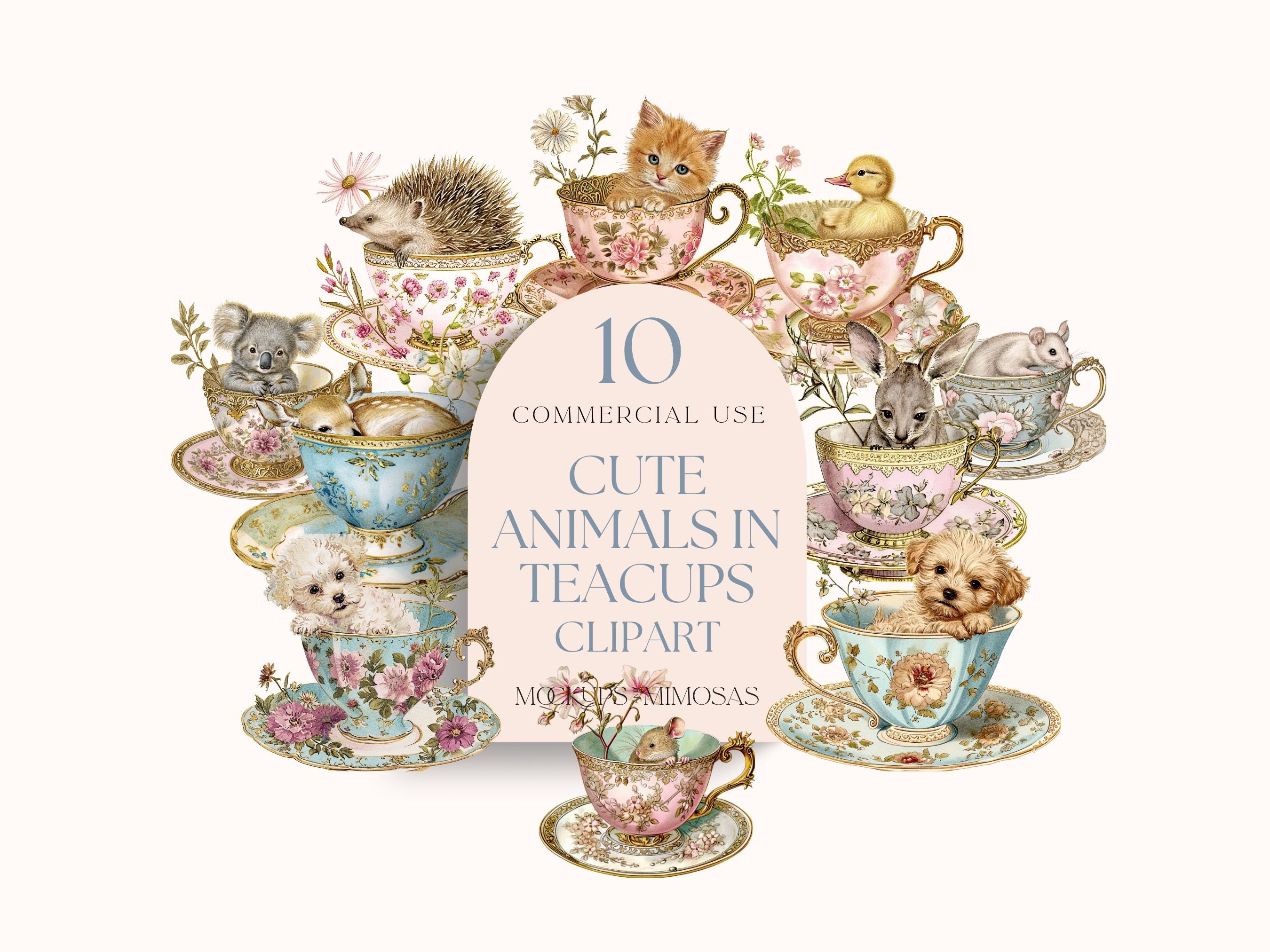 Cute Animals in Teacups Vintage style Clipart. Watercolour Puppies, Kitten, Deer, Mice, Koala. Old World charm. Commercial use PNGs.