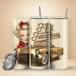 Vaso cincuenta y fabuloso PNG, envoltorio para vaso de 50 cumpleaños, diseño de cumpleaños de estilo retro, clipart sin costuras para sublimación de 20 oz.