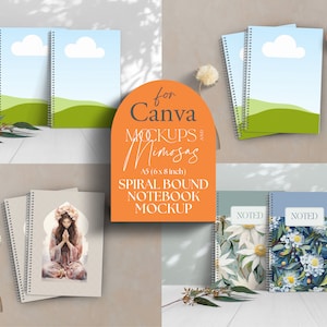 May include: Mockup of two spiral bound notebooks with different designs. The notebooks are A5 size (15.24 x 20.32 cm) and are perfect for creating digital designs for Canva.