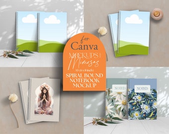 CANVA SPIRAL Notebook Mockup. Wire bound book, KDP,  Print on Demand Mockup, A5 (6x8 inch). Drag & Drop. Add your own backgrounds.