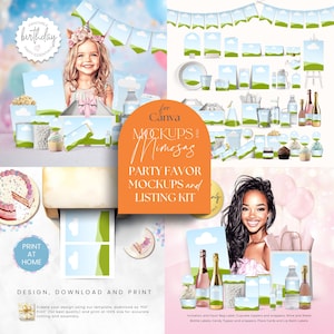 May include: An image promoting party favor mockups and a listing kit. The image includes a young girl, party supplies, and Canva templates. Text includes "Printable Birthday" and "Design, Download and Print".