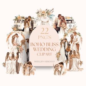 BOHO BLISS bruiloft clipart. Indiehuwelijk. Vrijgevochten liefde. Rustiek neutraal boho-huwelijk.   Commercieel gebruik. POD-clipart.
