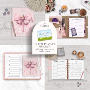 Op de afbeelding: Digitale planner mockup voor Canva met een roze strik en potloodontwerp. De mockup bevat een jaarplanner, een dagplanner en een kalender. De tekst "MOCKUPS Mimosas" is zichtbaar op de afbeelding.
